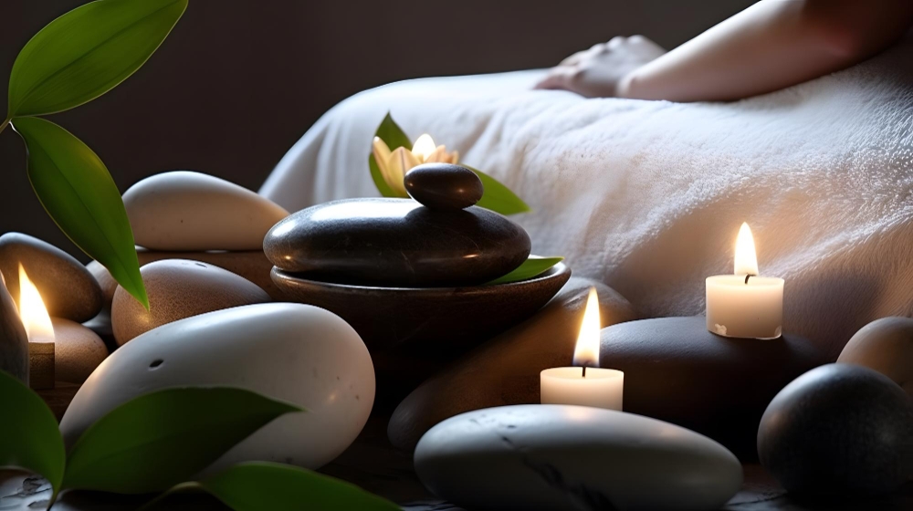 A woman sits in a spa room with candles and candles.