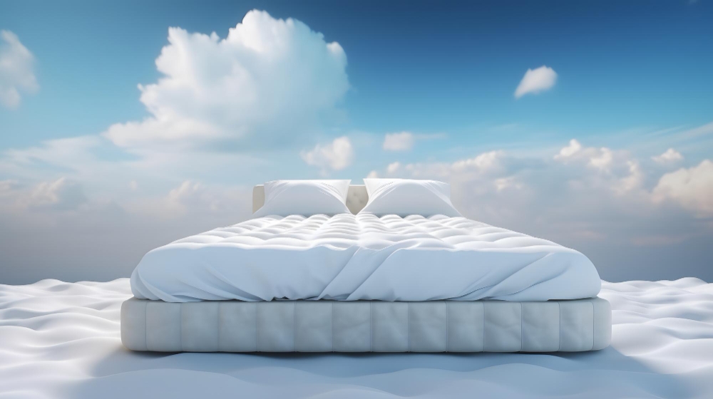 bed with blue sky clouds background