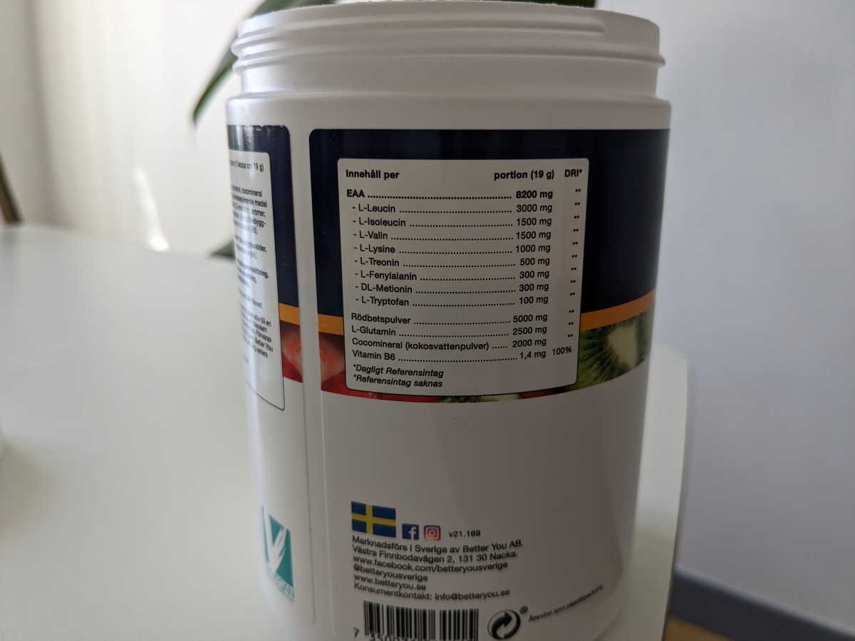 Innehållsdeklaration på Better You Premium EAA med 8200 mg leucin per portion