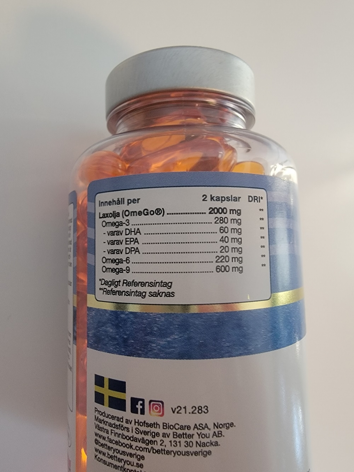 Näringsruta på Better You Premium Omega-3 med EPA och DHA, tagen av oss