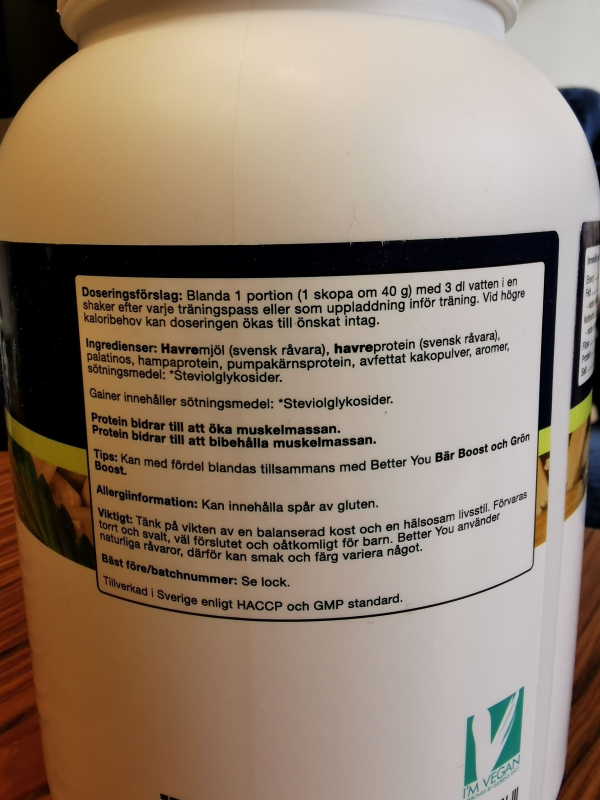 Ingredienslista och dosering på Better You Vegetarisk Gainer egen bild