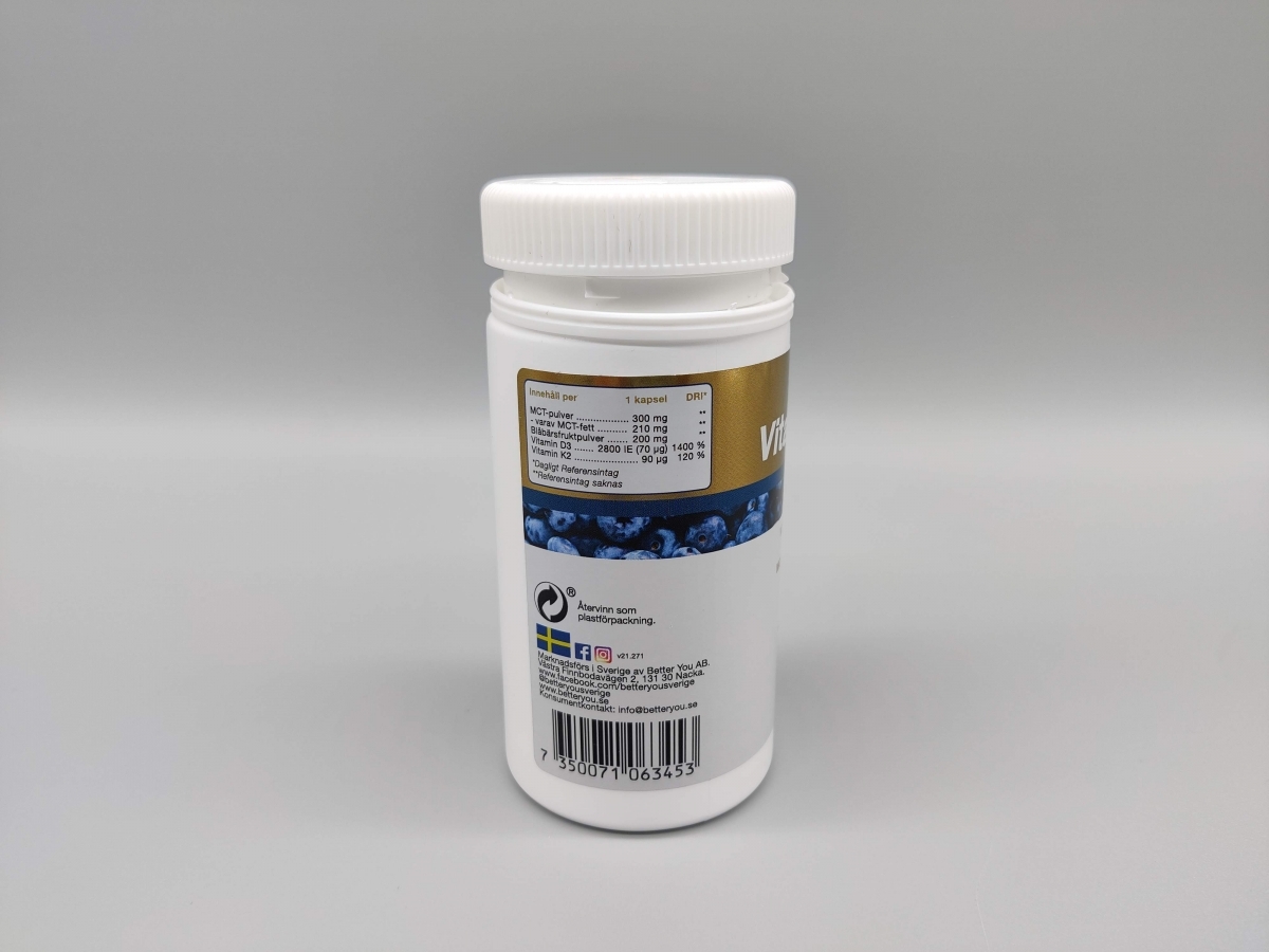 Etikett med näringsinnehåll på Better You Vitamin D3+K2 från vårt test