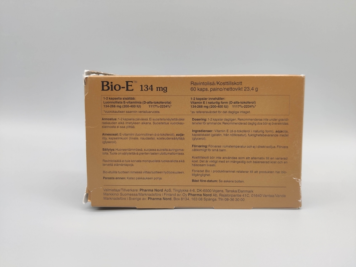 Baksida med innehåll, dosering och förvaring för Bio-E-Vitamin