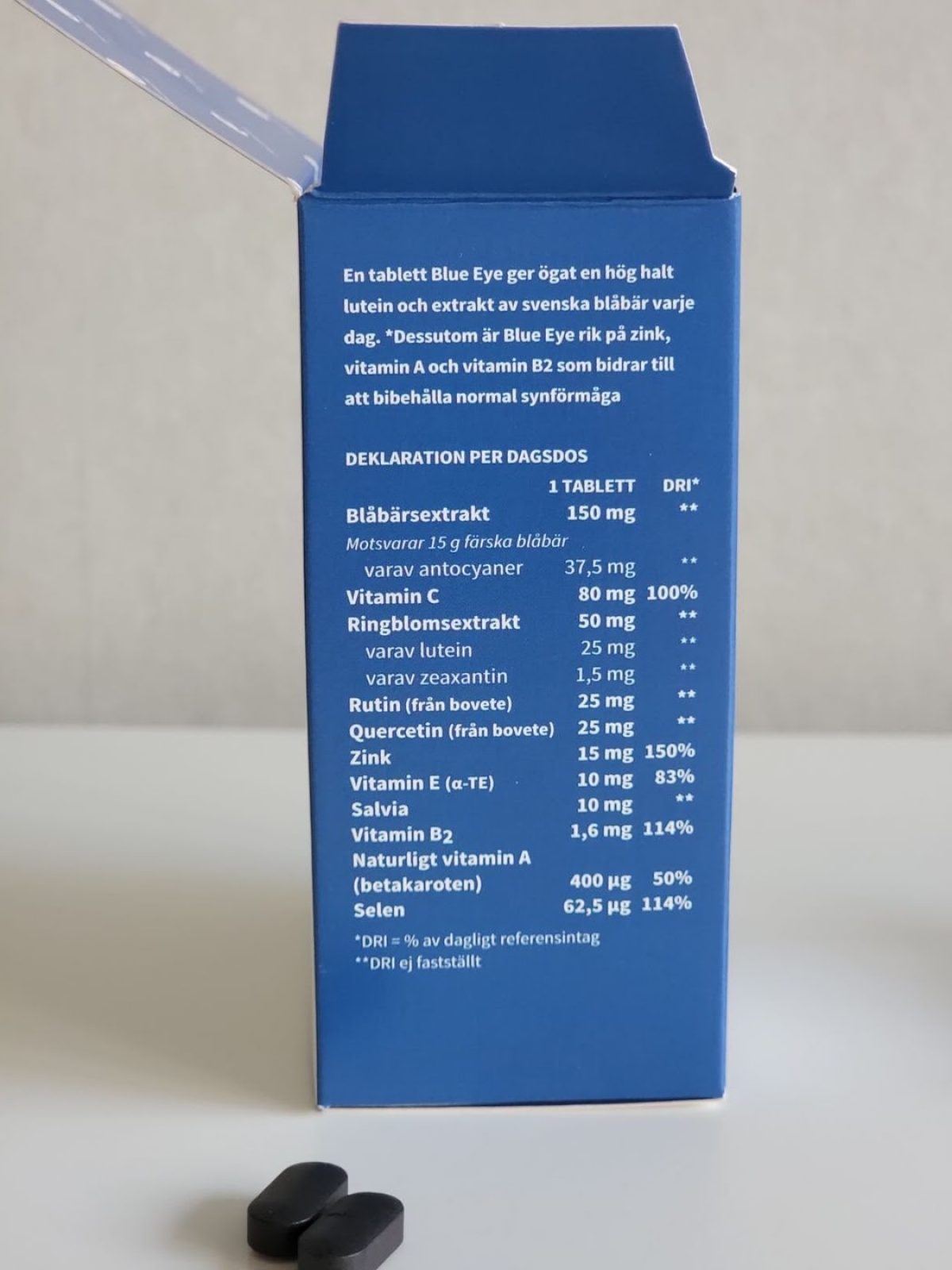 Dagsdos och halter på sidan av asken med 25 mg lutein, tagen under vårt test