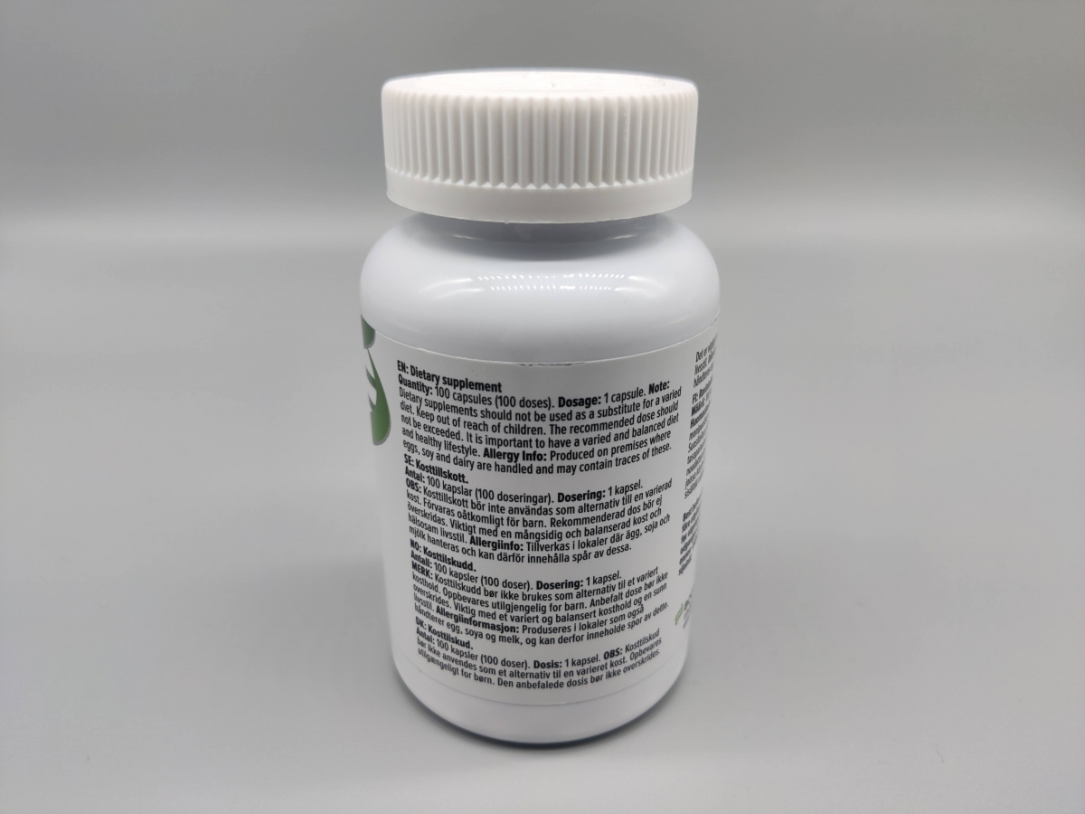 Baksida på Body Science Vitamin D med tydlig svensk märkning och doseringsinfo