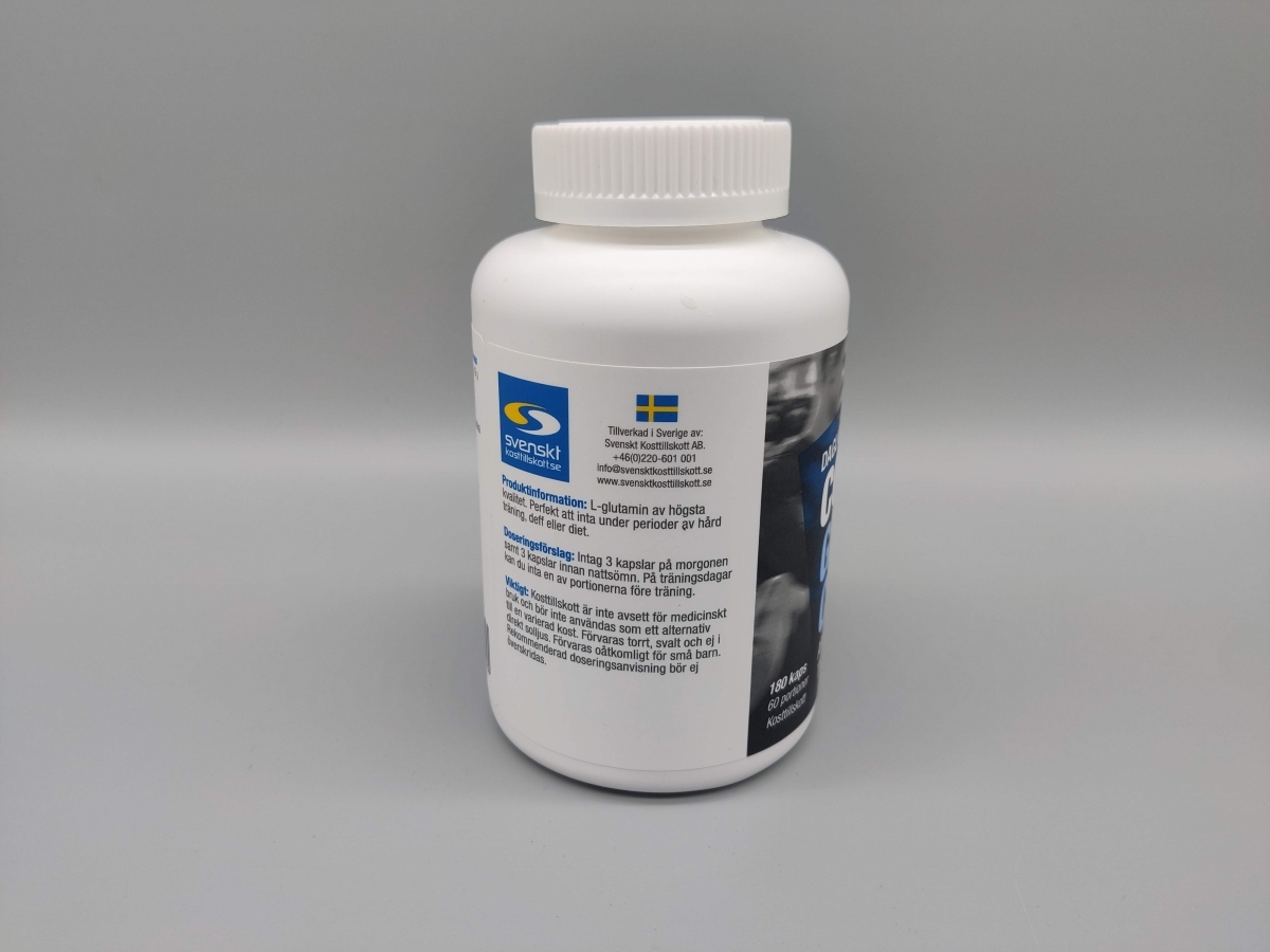 Core Glutamine Caps etikett med doseringsråd och svensk tillverkning