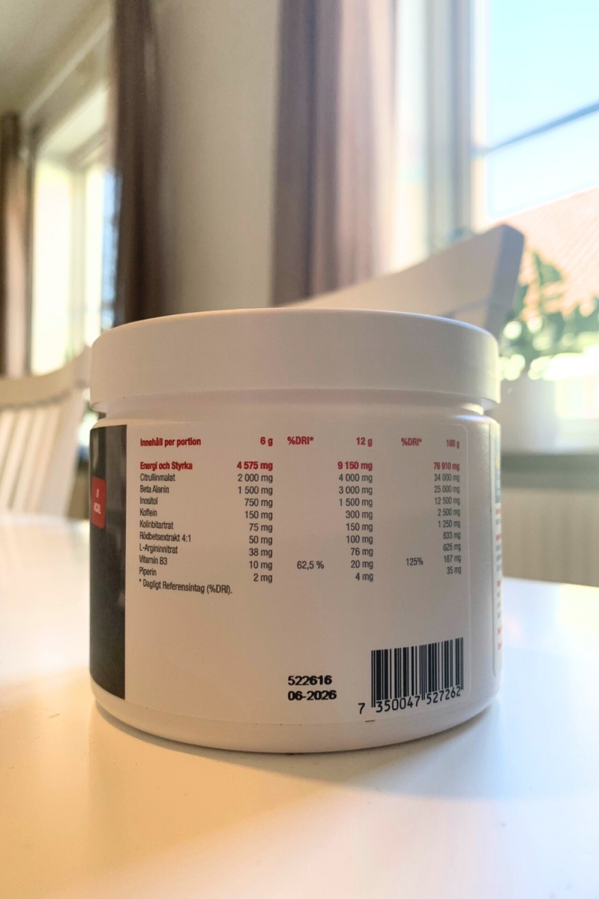 Core PWO Zero ingredienslista och dosering på etikett, fotograferad av oss