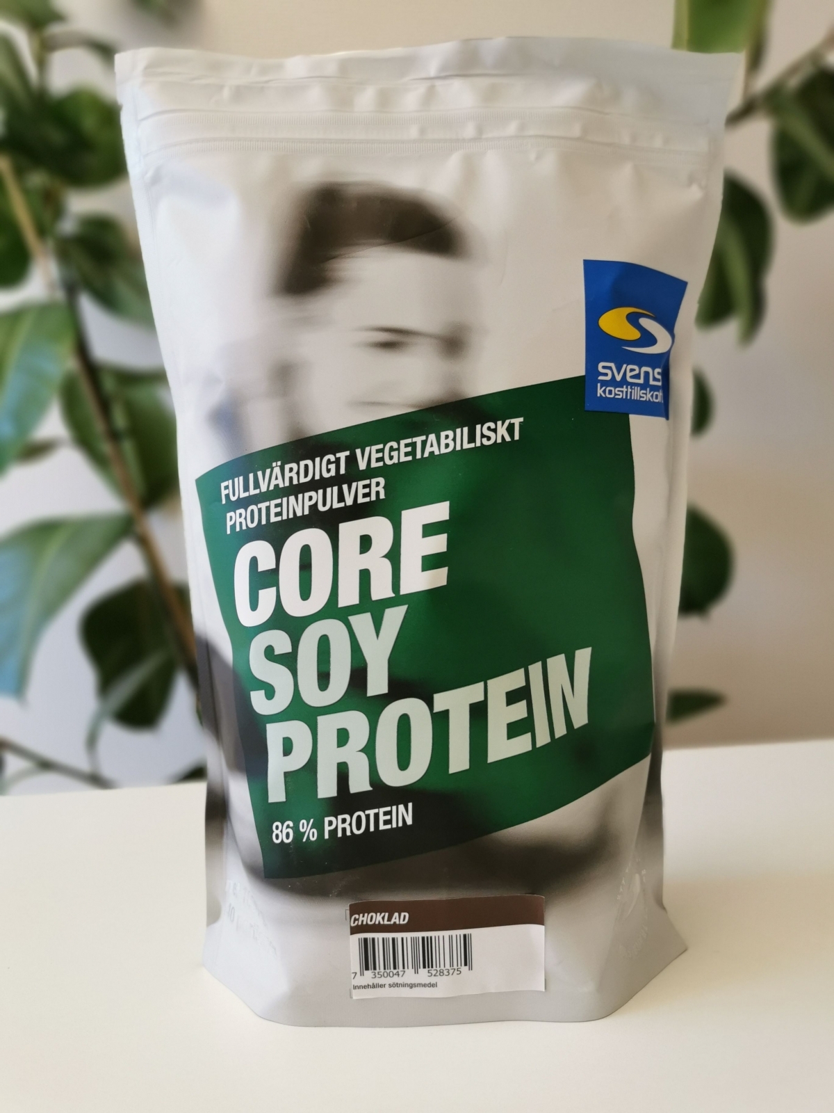 Core Soy Protein choklad framifrån i dagsljus bredvid grön växt, fotad av oss