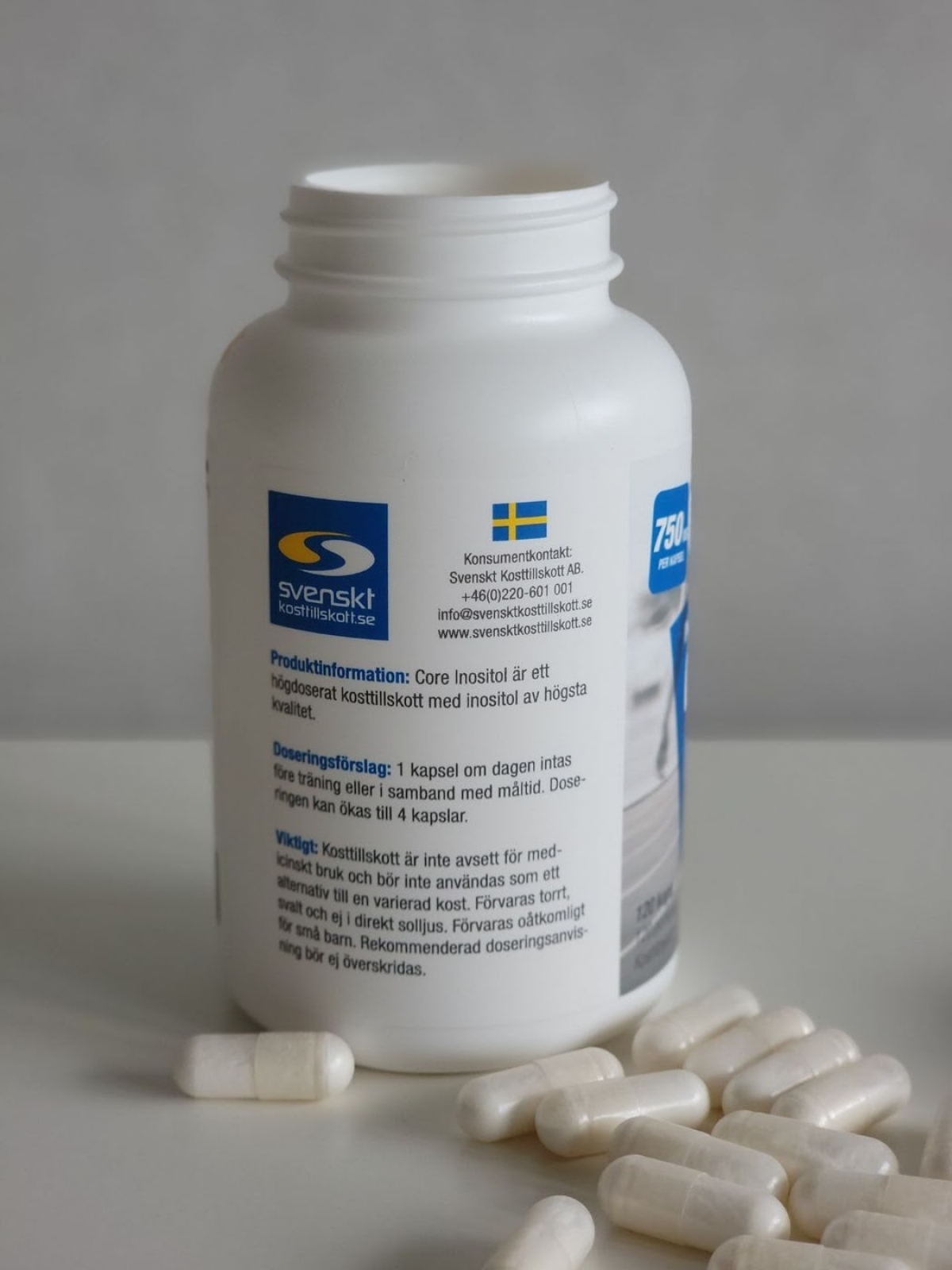 Diet Inositol doseringsrekommendation och kontaktinfo på etiketten