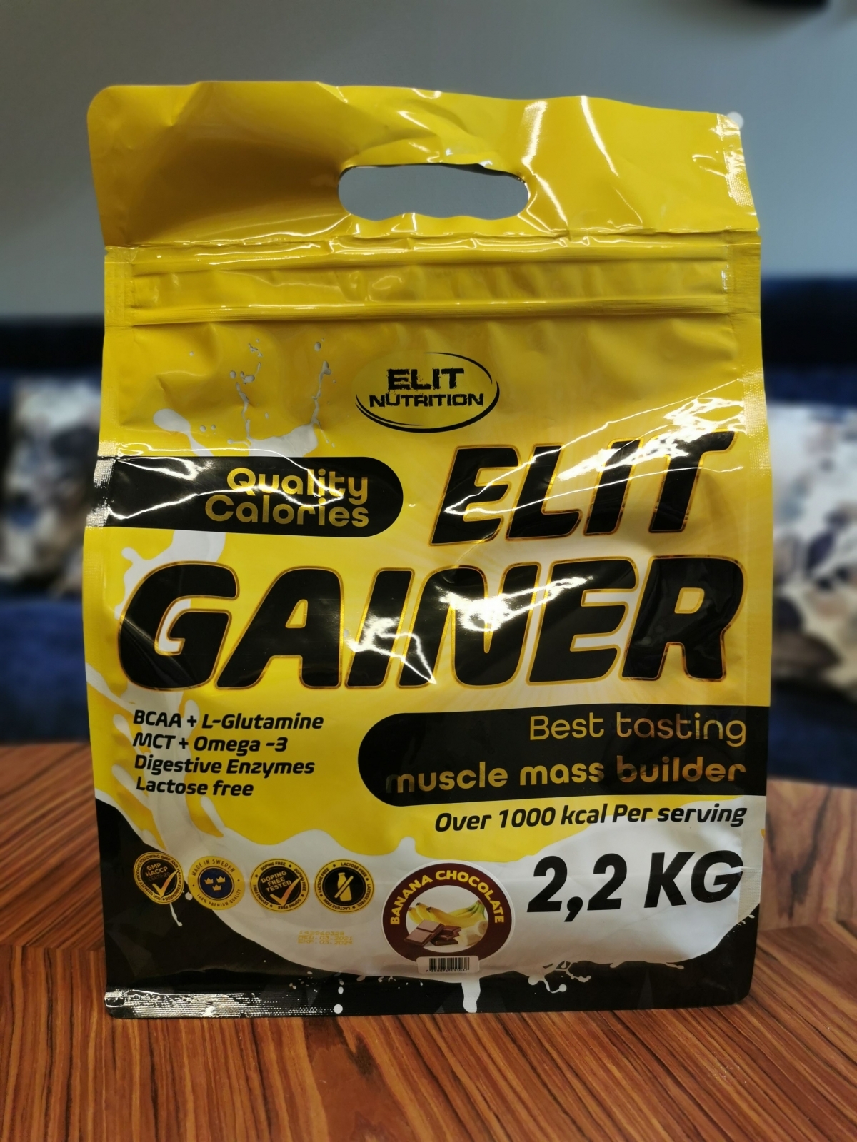 Elit Nutrition Lactose Free Gainer framsida tagen av oss under testet Banana Chocolate 2,2 kg