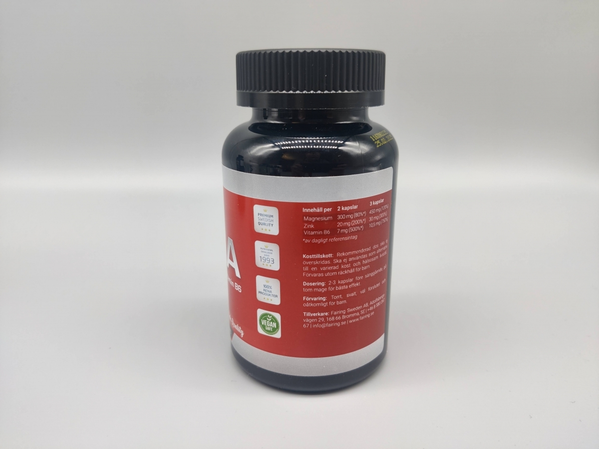 Fairing ZMA baksida med tydlig innehålls- och doseringsetikett