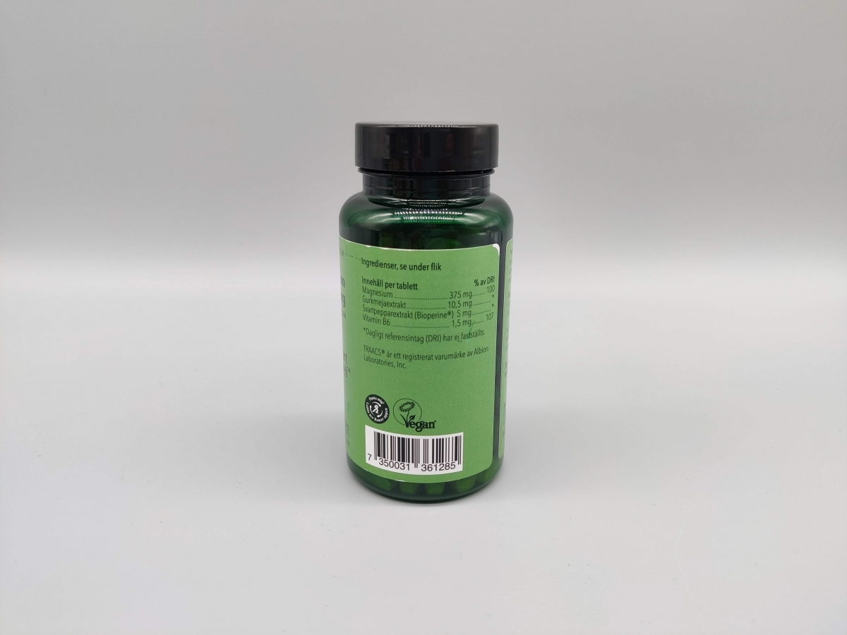 Baksida av Great Earth Magnesium 375 mg med ingredienslista och märkningar, eget foto