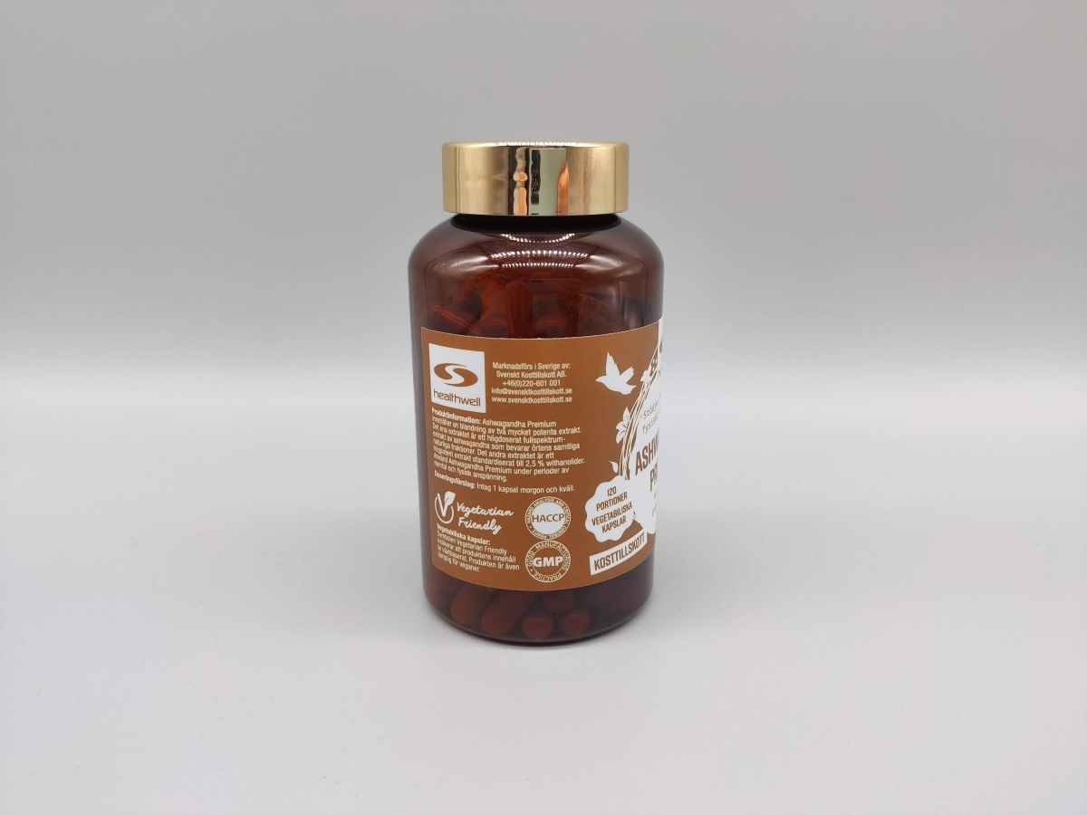 Baksida med märkningar och produkttext på Healthwell Ashwagandha Premium