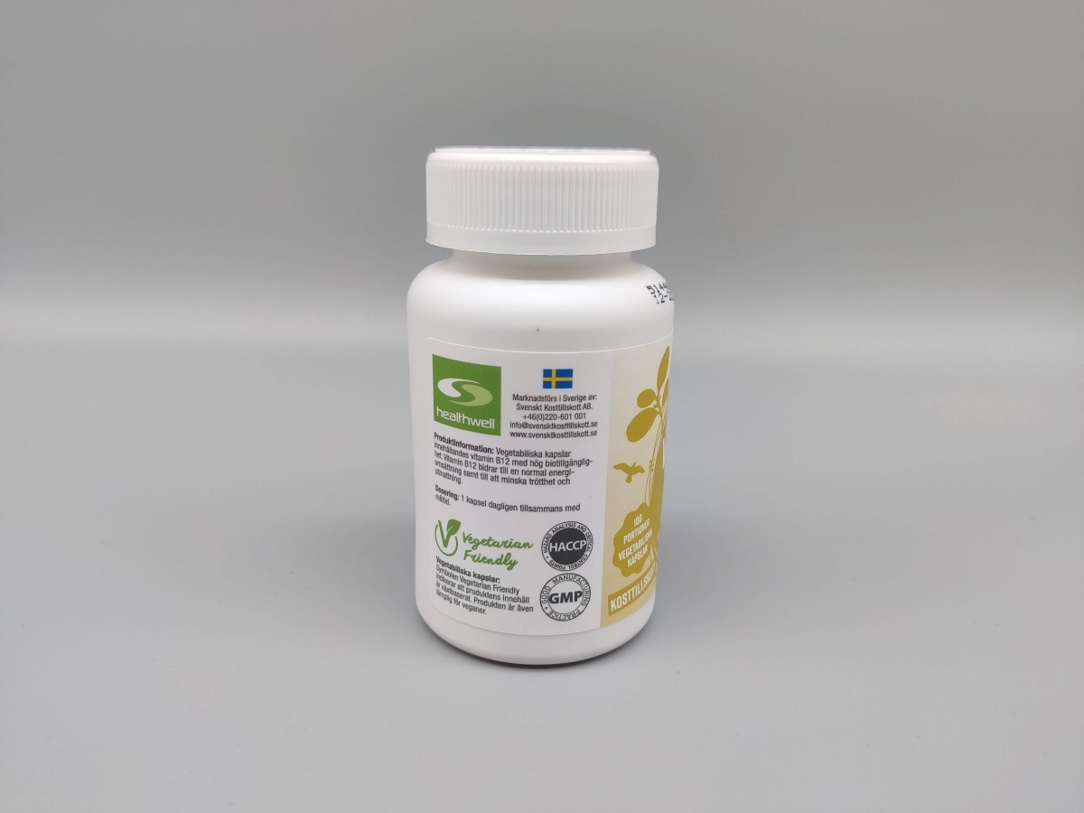 Healthwell B12 med veganvänlig märkning och kvalitetscertifieringar