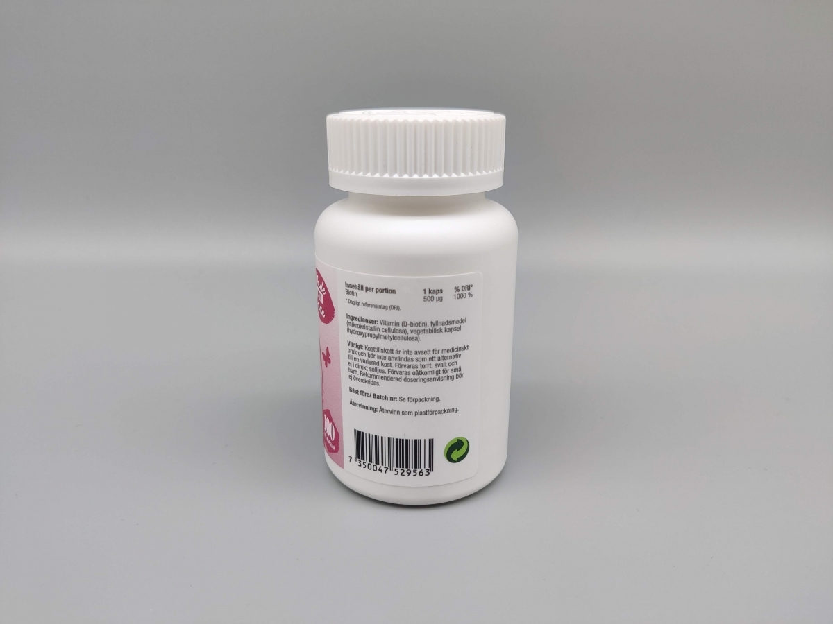 Healthwell Biotin 500 baksida med ingredienslista och näringsdeklaration, foto av oss