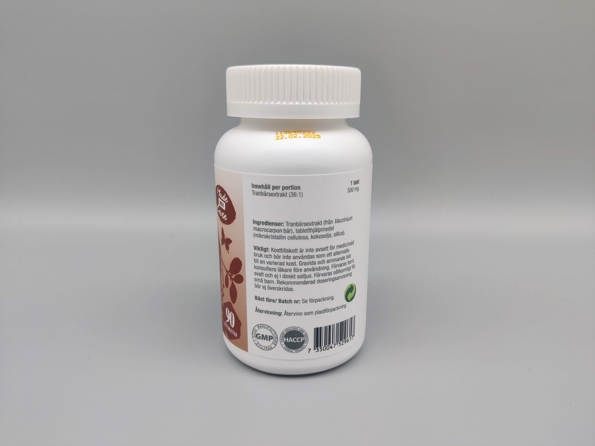 Baksida med ingredienslista och 500 mg extrakt per tablett 36 till 1