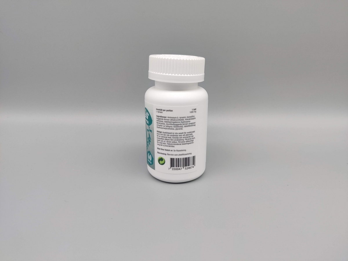 Baksida av Healthwell Tyrosin 1000 med tydlig ingredienslista