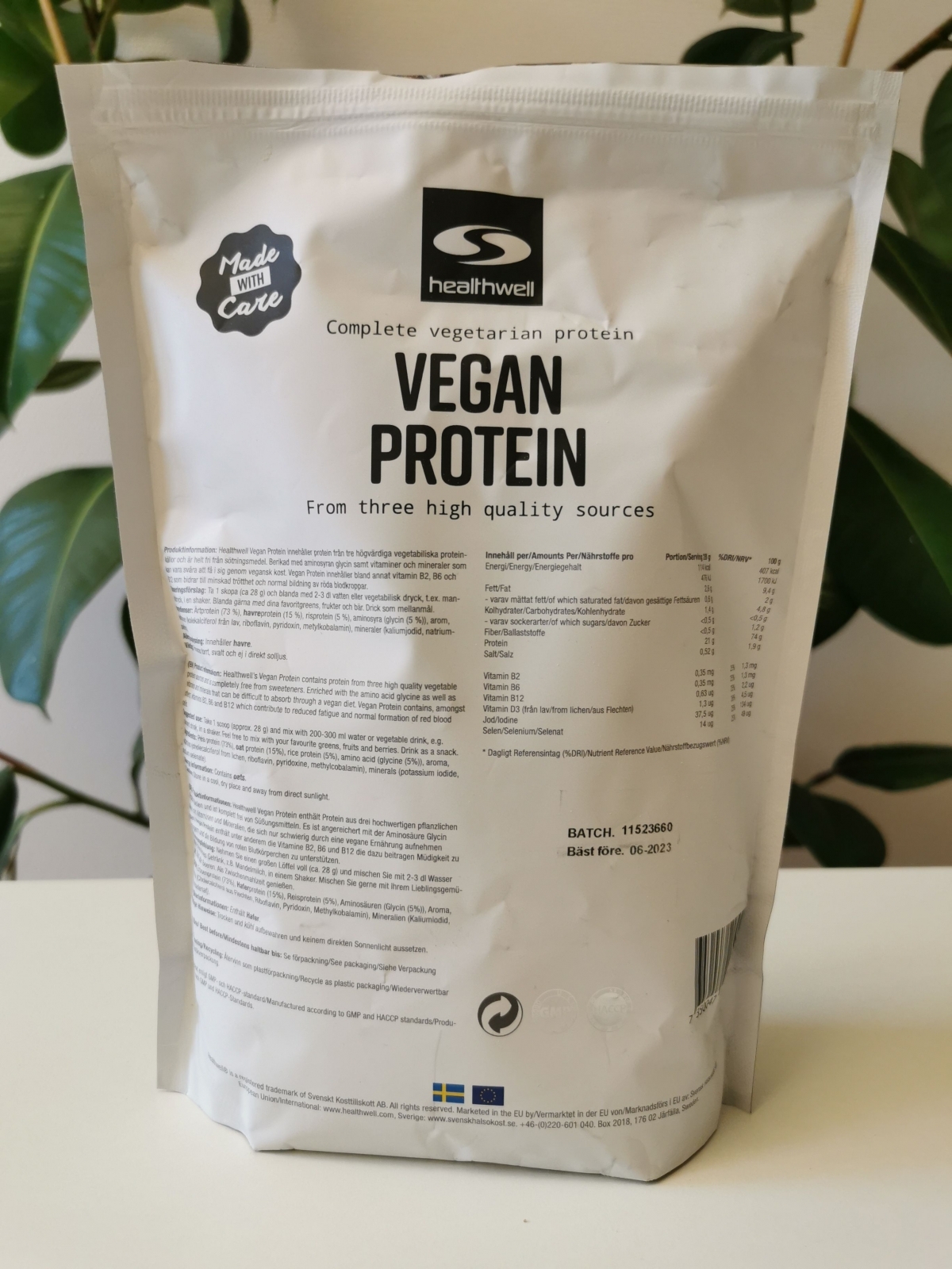 Healthwell Vegan Protein baksida med tydlig deklaration
