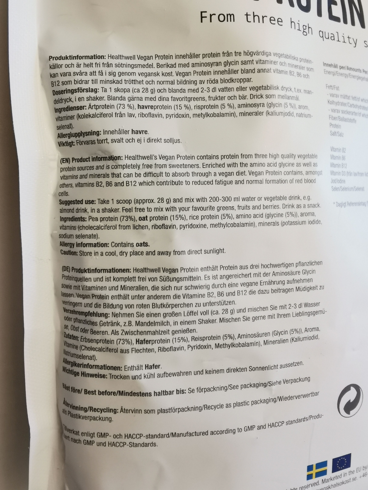 Närbild på ingredienslista och dosering på Healthwell Vegan Protein