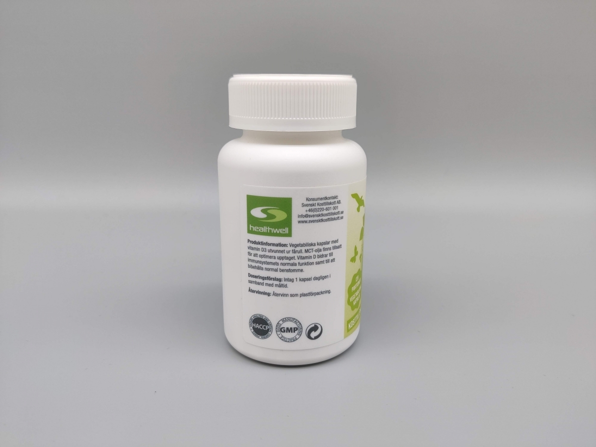 Healthwell Vitamin D3 med kvalitetsmärkningar och kundserviceuppgifter
