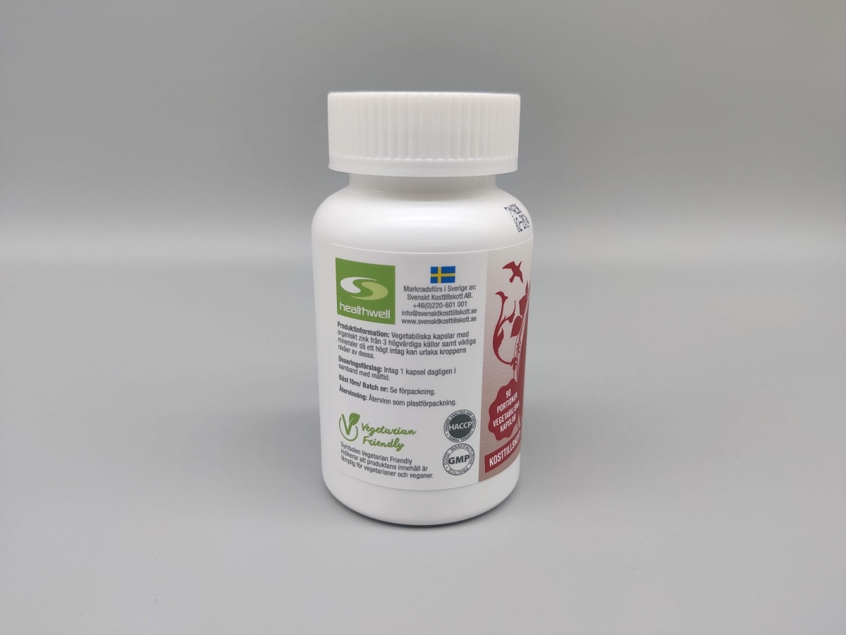 Healthwell Zink 25 Plus med märkningar om svensk produktion och vegetarian friendly
