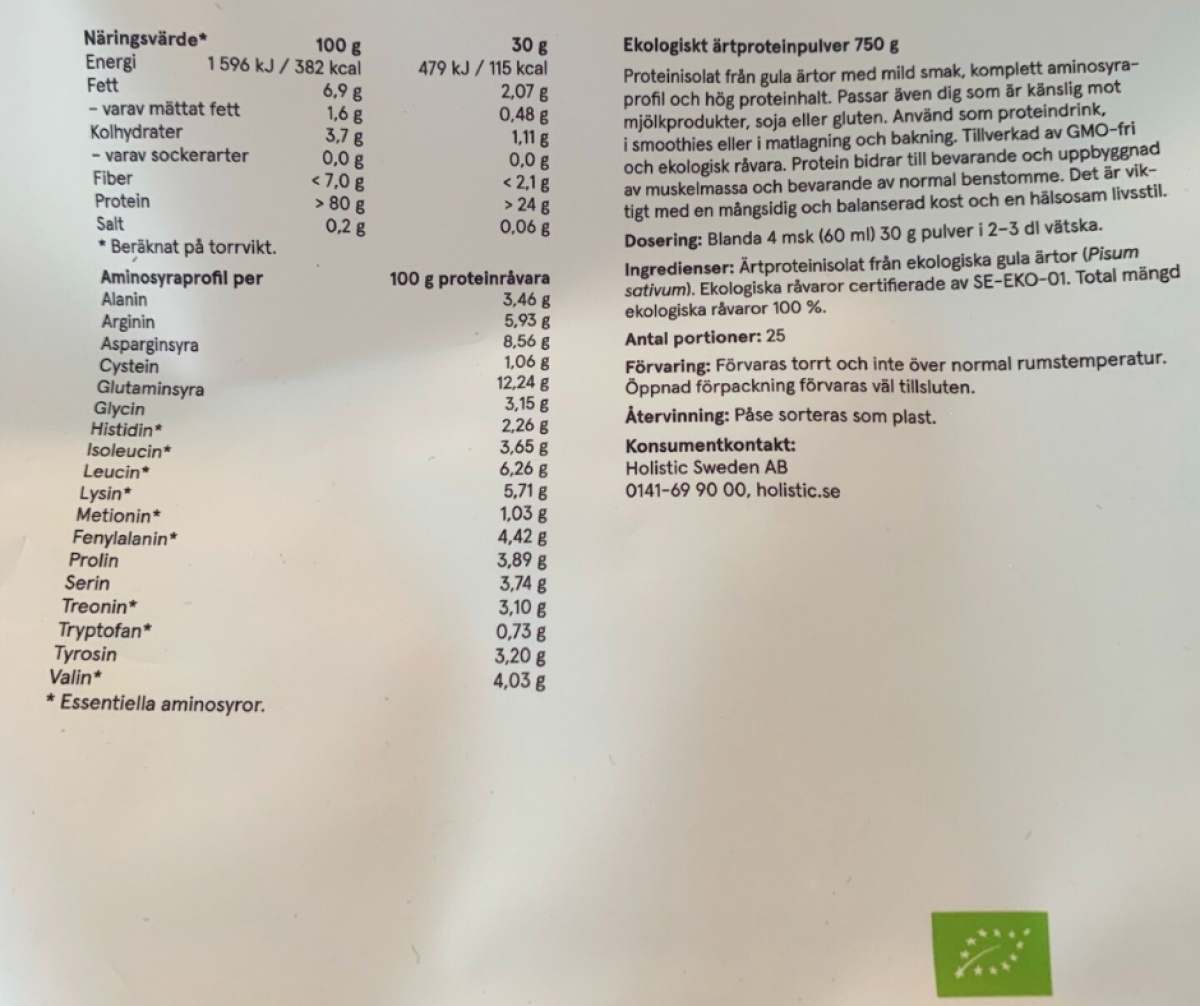 Näringsinformation och aminosyraprofil på baksidan av Holistic Ärtprotein, eget foto