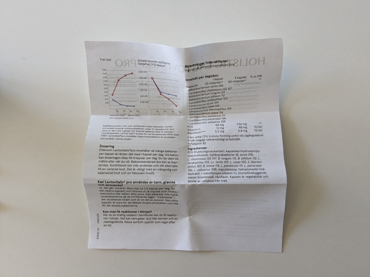 Dosering och innehåll i Holistic LactoVitalis Pro med 20 miljarder CFU per kapsel samt C och B2, fotograferat av oss