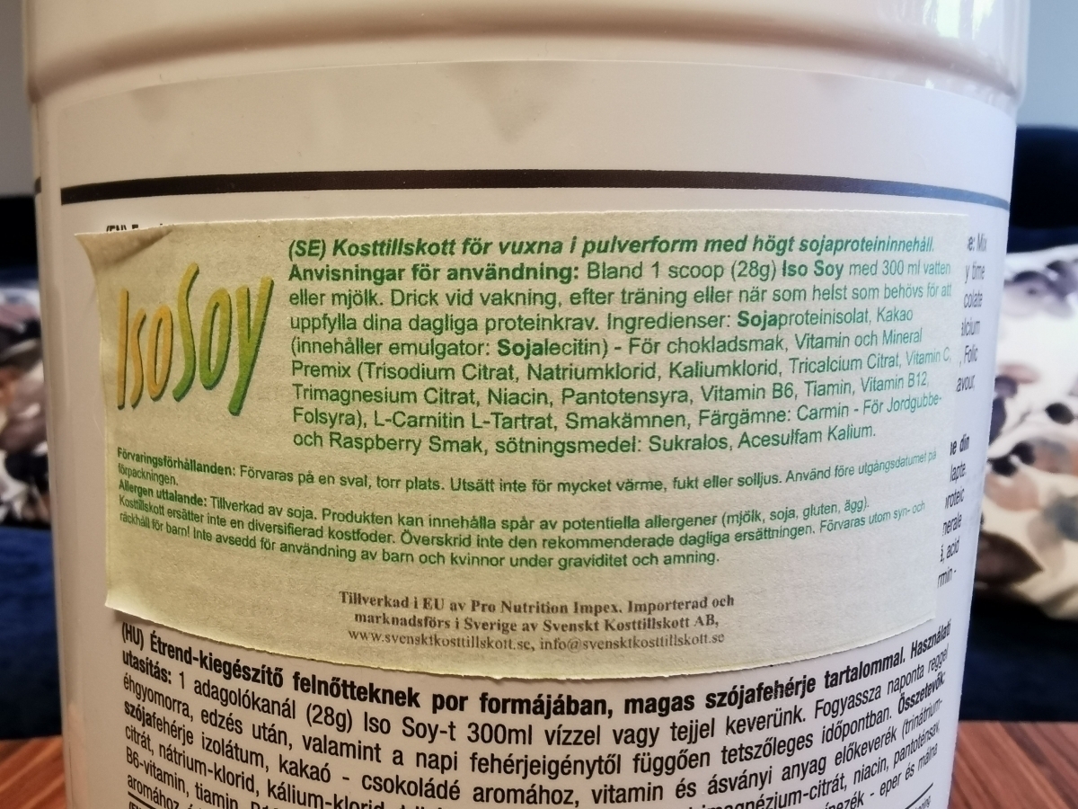 Svensk etikett med ingredienser och anvisningar för ISO Soy