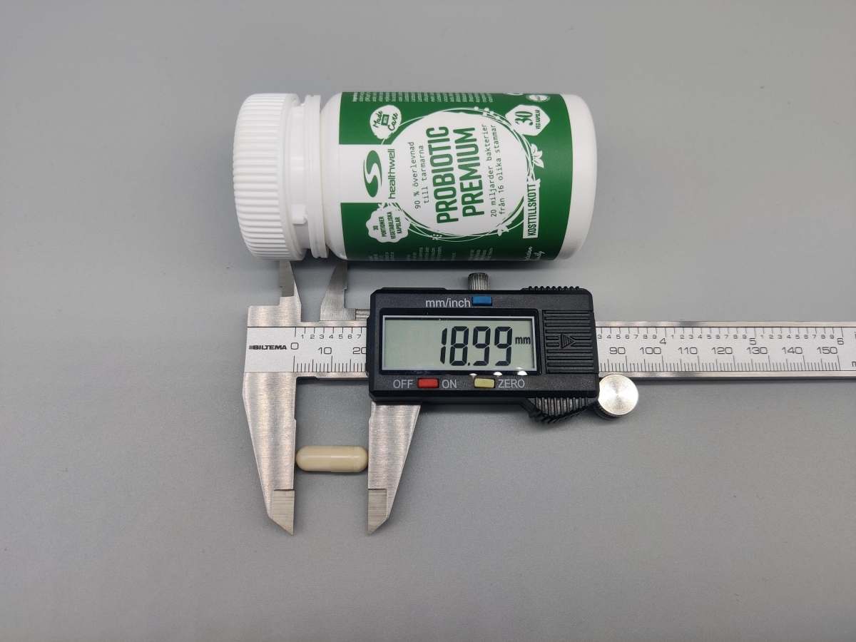 Kapsel uppmätt till cirka 19 mm med skjutmått, egen mätning i testet