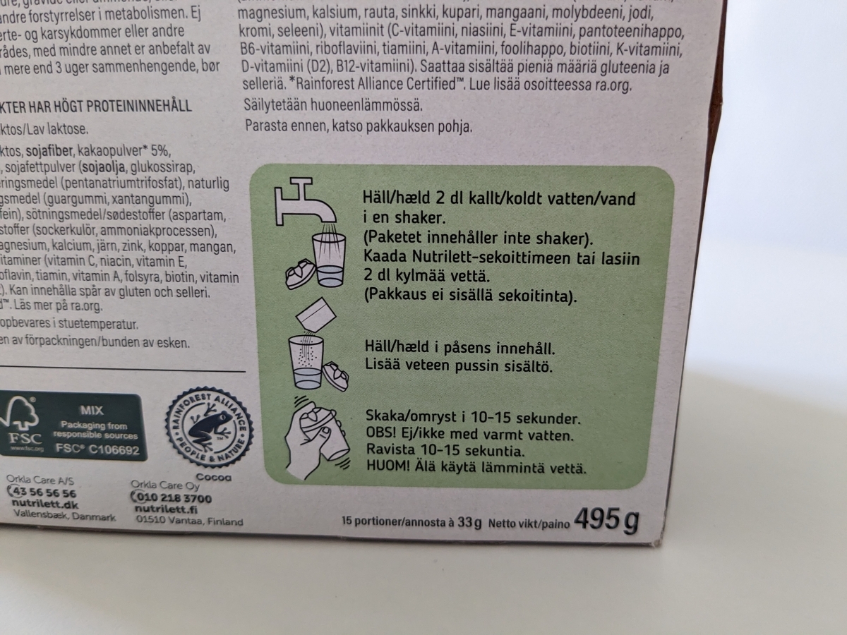 Baksida på Nutrilett-förpackning med blandningssteg och innehåll tagen av oss
