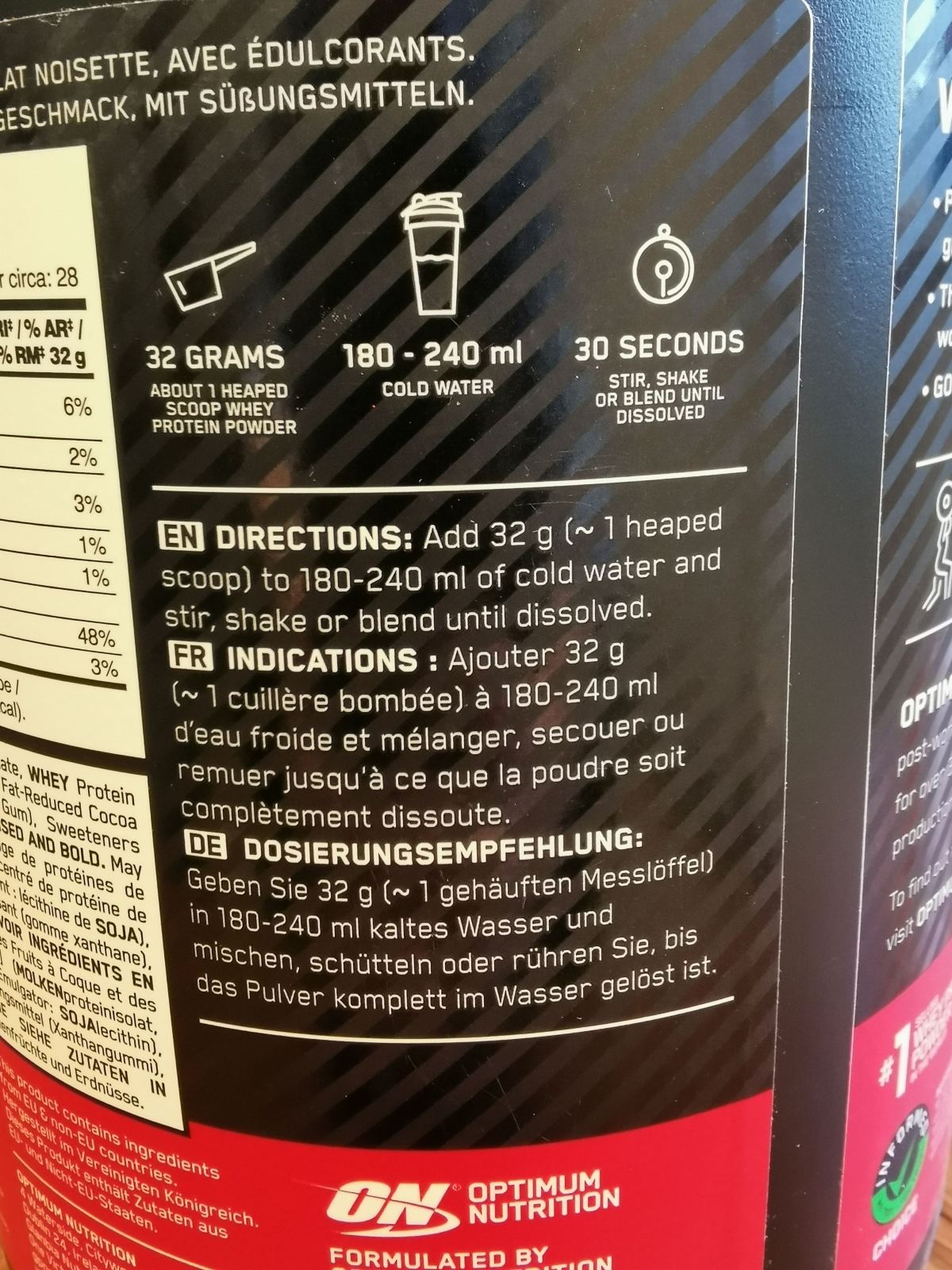Dosering 32 g i 180–240 ml vatten enligt etiketten, egen bild