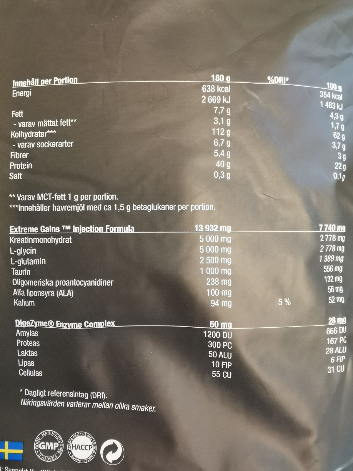 Näringsdeklaration RAW Extreme Gains med nyckeltal, foto av oss