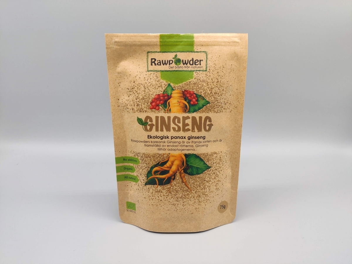 Rawpowder Ginseng Panax förpackning mot neutral bakgrund, vår egen produktbild från testet