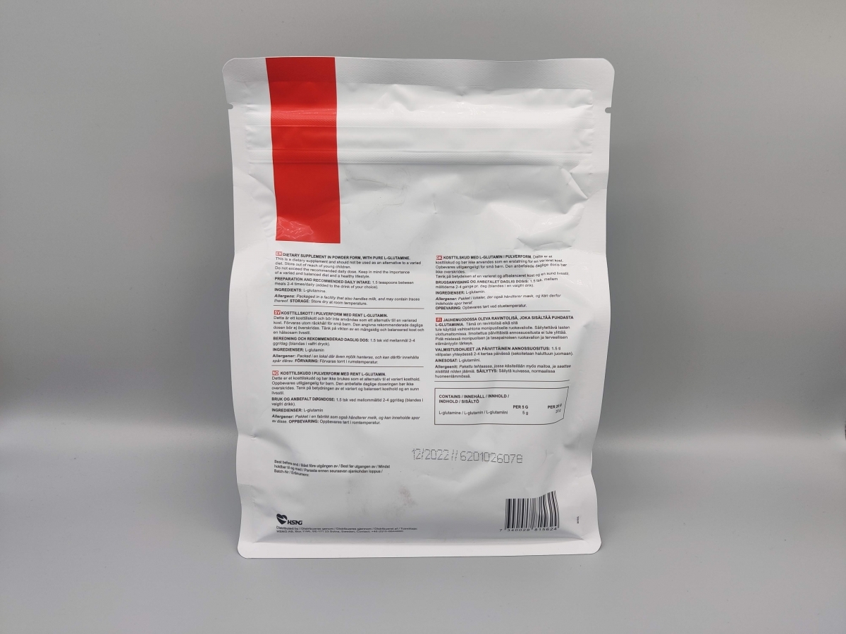 SmartSupps L-Glutamine 1 kg baksida med doseringsinfo, foto av oss