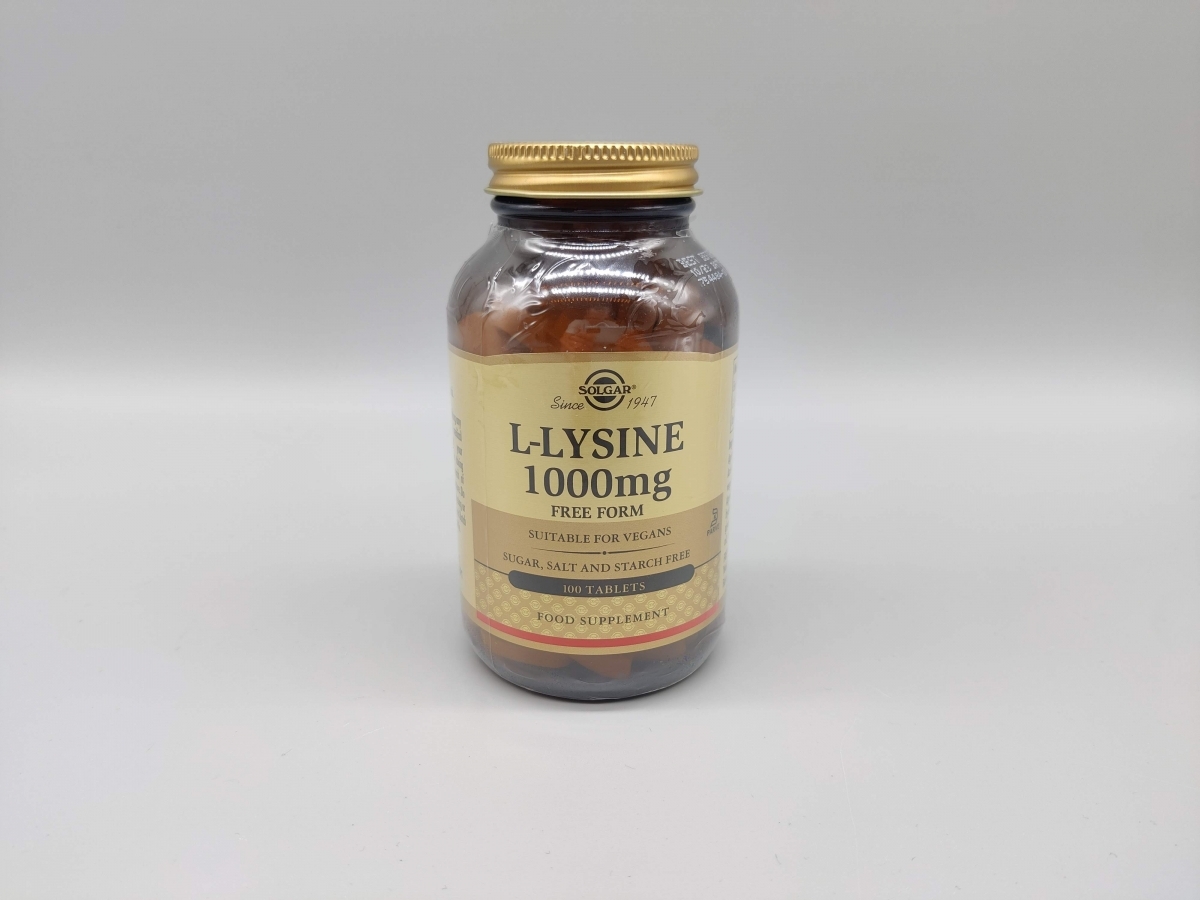 Solgar L-Lysine 1000 mg produktbild i neutral studio, tagen av oss