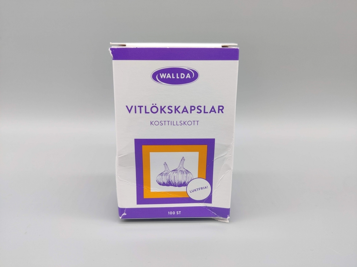 Närbild på framsidan av Wallda Vitlökskapslar egen testbild