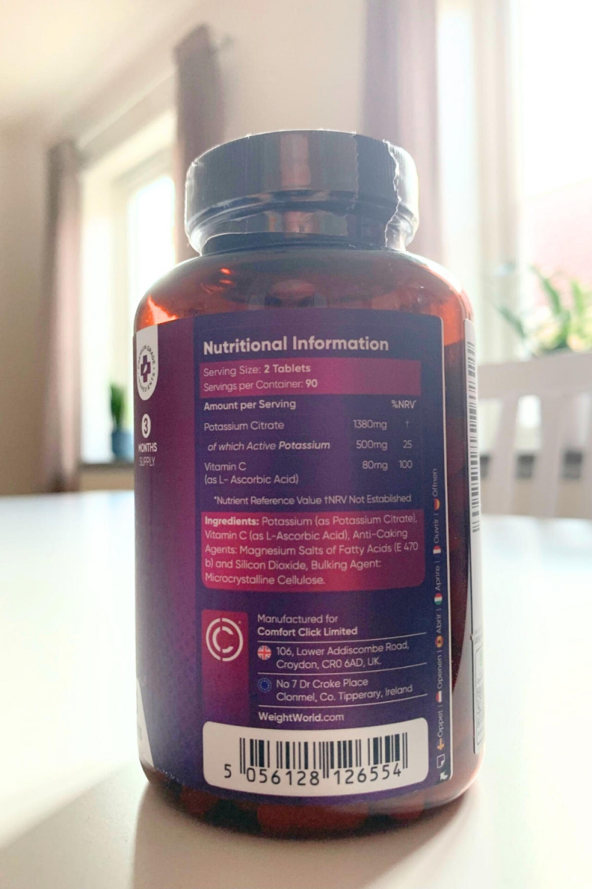 Baksida med näringsinnehåll för Weight World Kalium + C‑vitamin