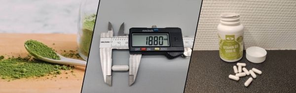 3-delad bild från våra tester, analys av pulver, mätning av kapslar, användning